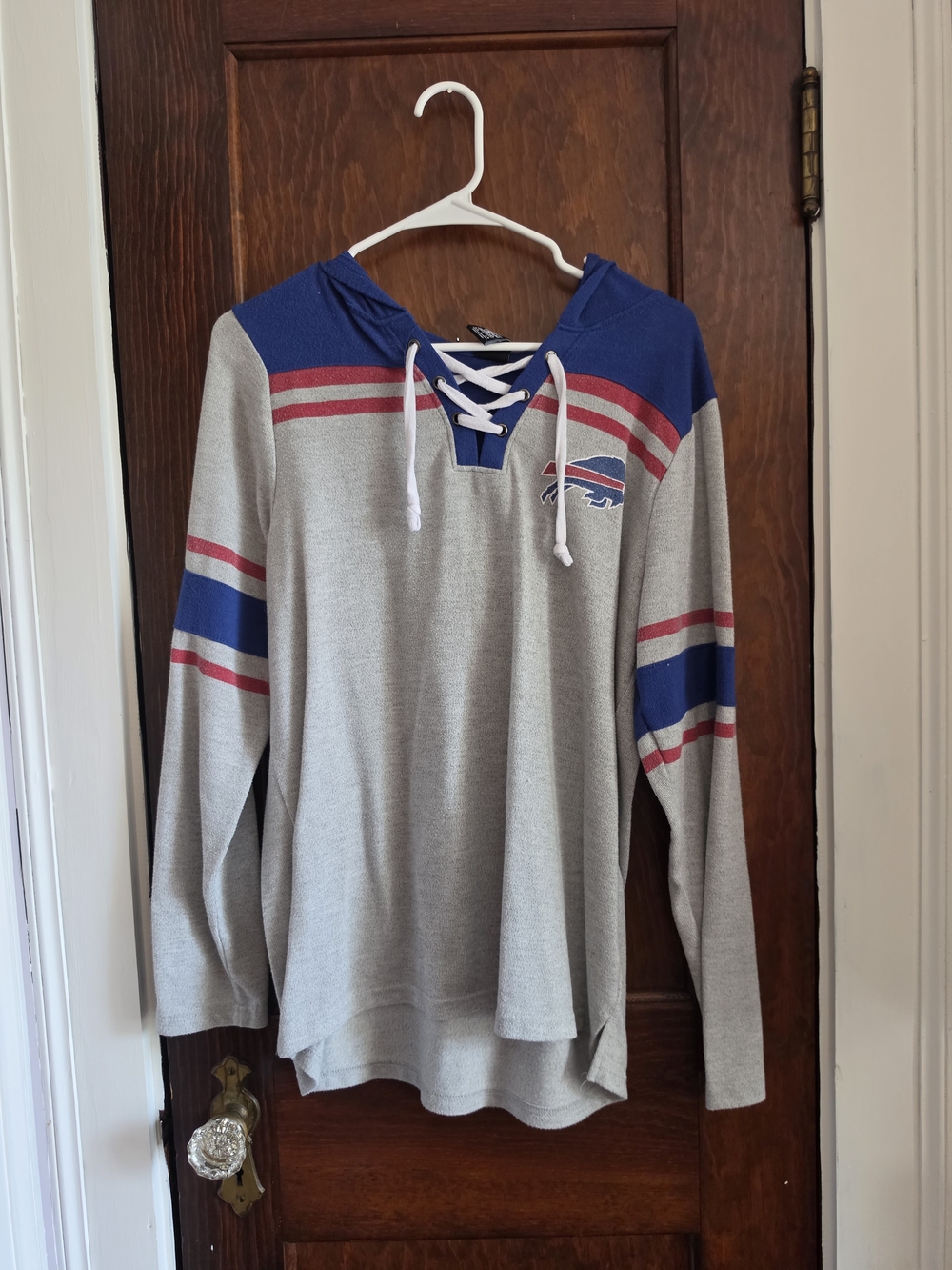 NFL Gray, Royal & Red Lace-Up V-Neck Hoodie Sweater